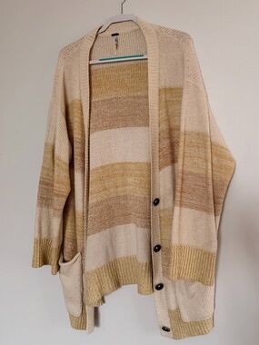 Free People Striped Open-Front Cardigan in Cream and Tan
